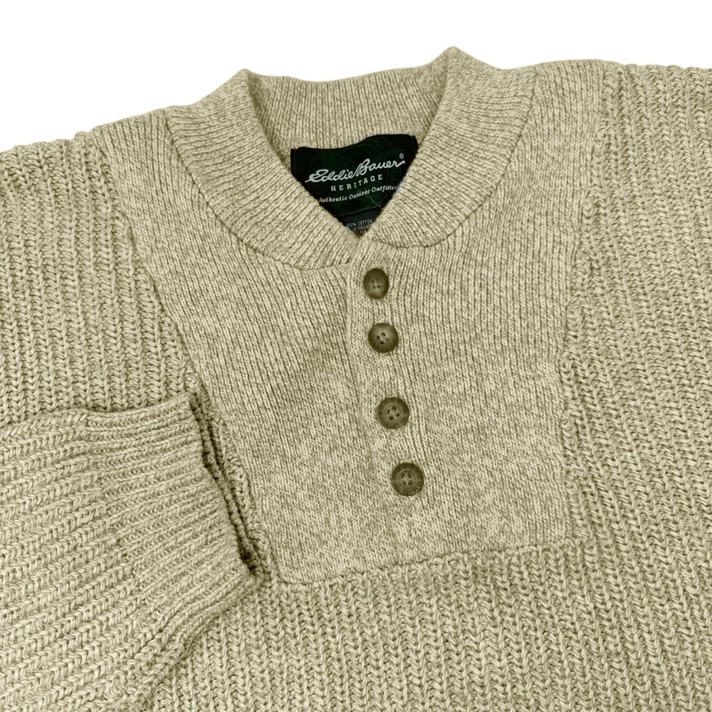 EDDIE BAUER Heritage Vintage Henley Sweater‎ Beige 100% Cotton Chunky Knit 2XL - Picture 1 of 9